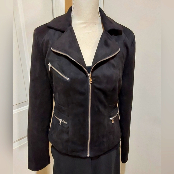 🌺 NWT Black Ookie & Lala Faux Suede Moto Jacket - Picture 1 of 13